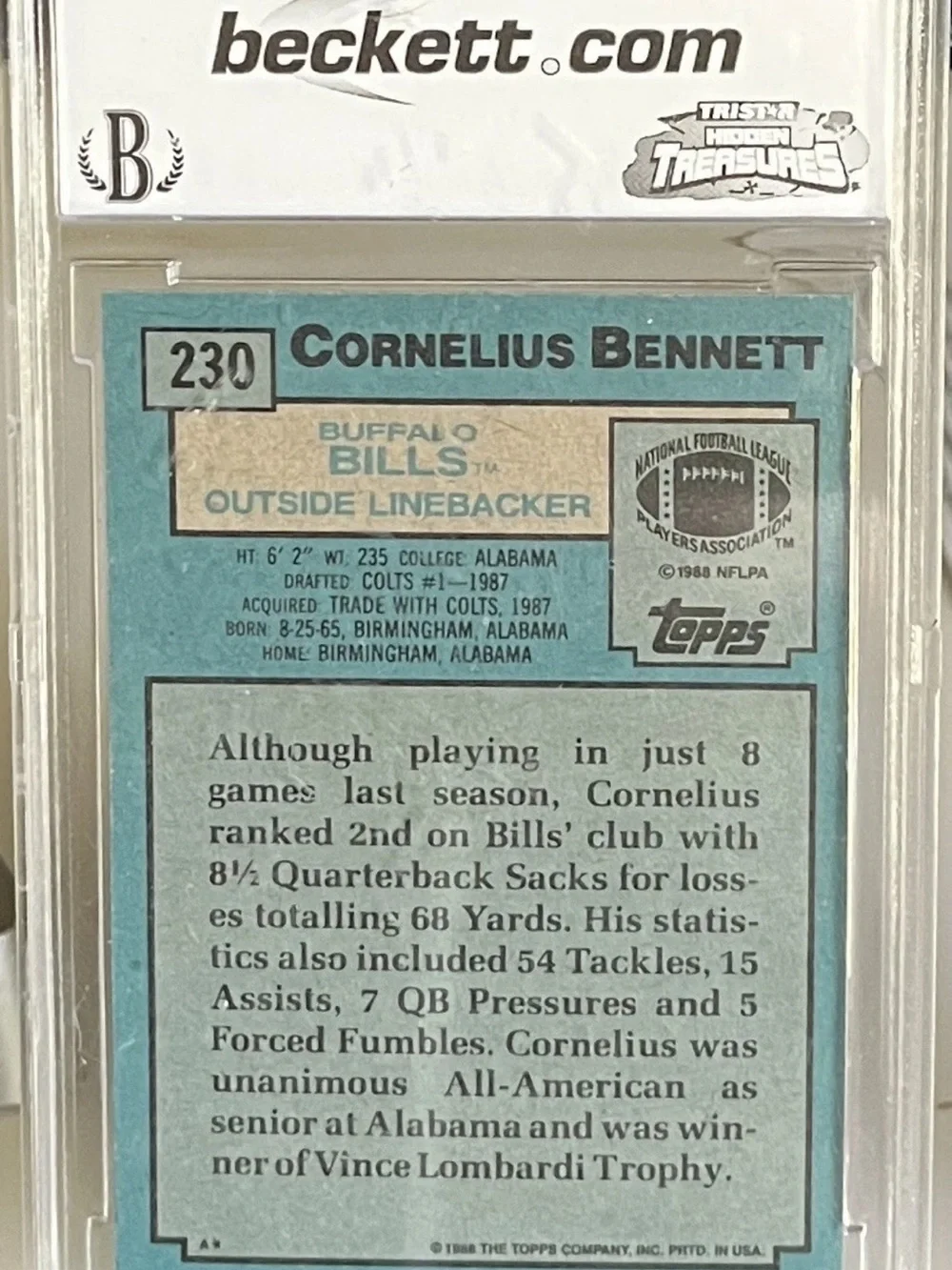 Cornelius Bennett #230 1988 Topps Rookie - Beckett 9